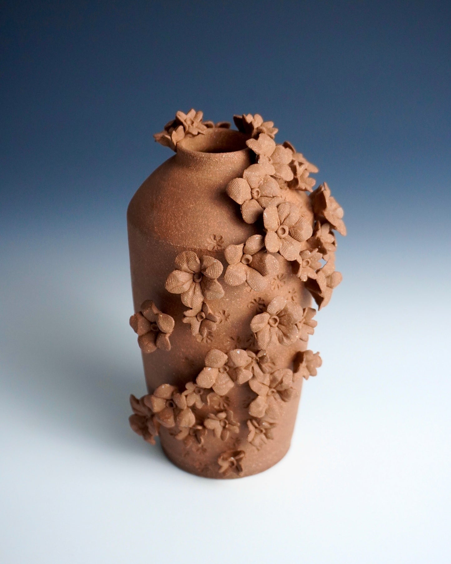 Clay vase with floral patterns on a gradient blue and white background