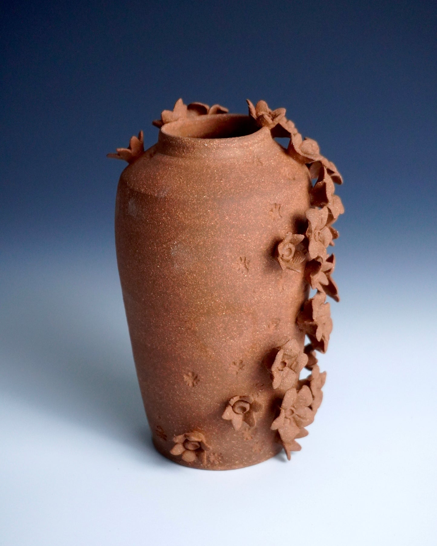 Terracotta vase with floral carvings on a gradient blue and white background
