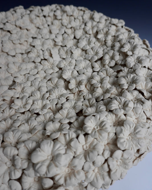 Close-up of a textured white surface with floral patterns on a dark blue background