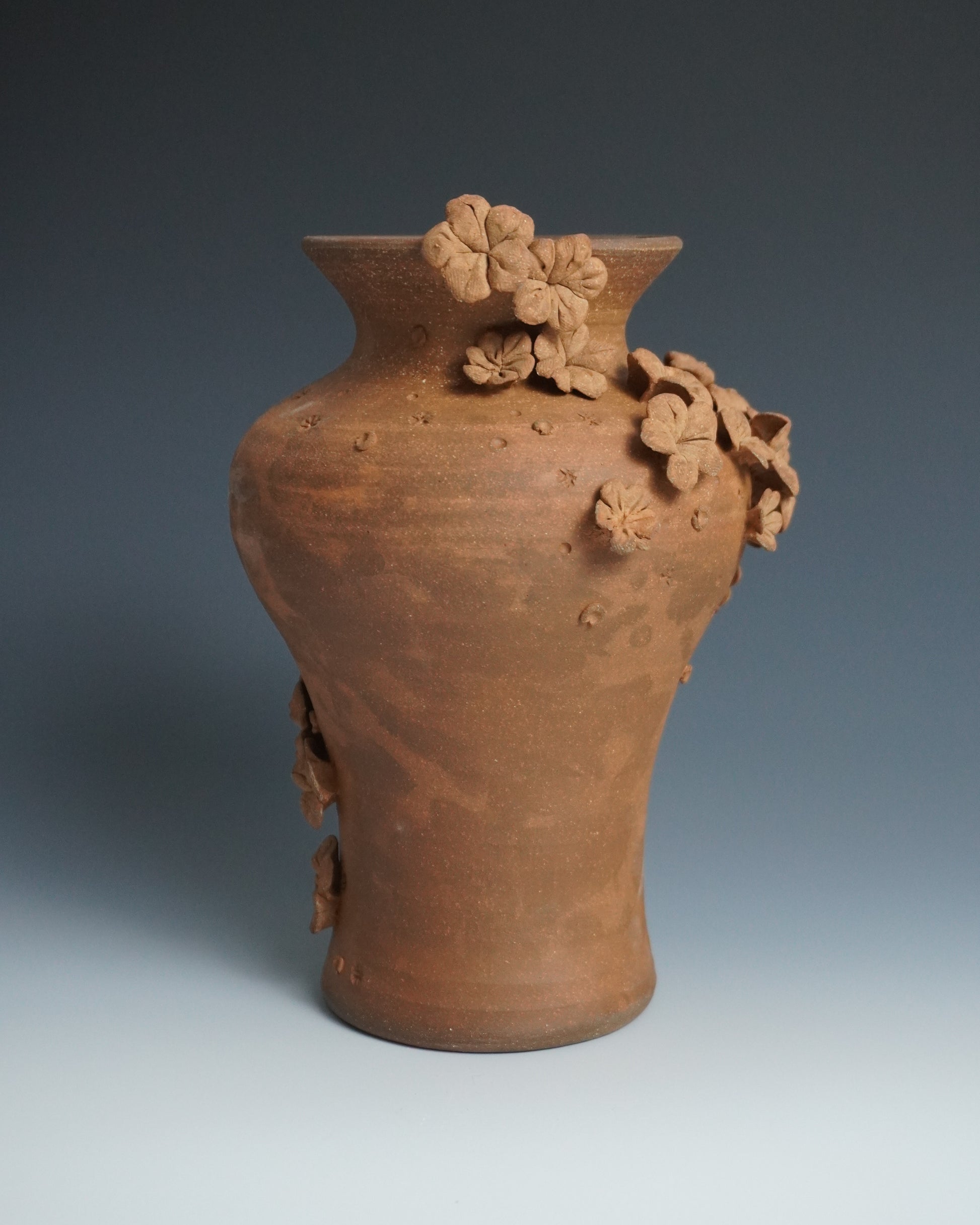 Terracotta vase with floral carvings on a gradient background