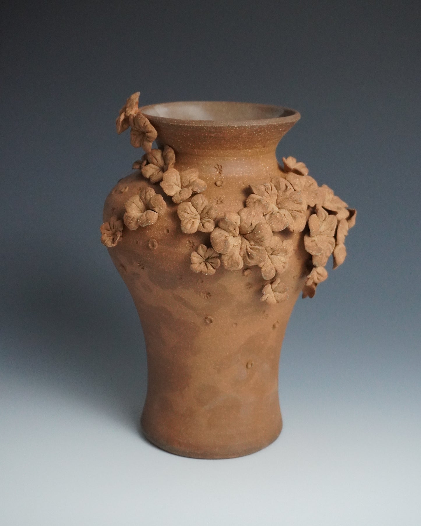 Terracotta vase with floral decorations on a gradient background