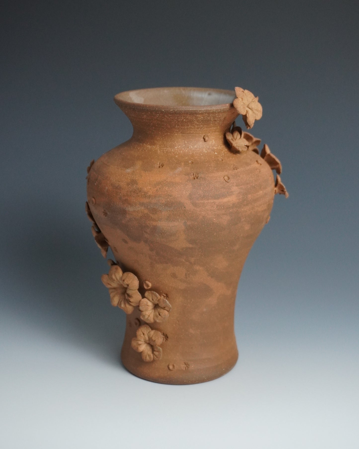 Terracotta vase with floral decorations on a gradient background