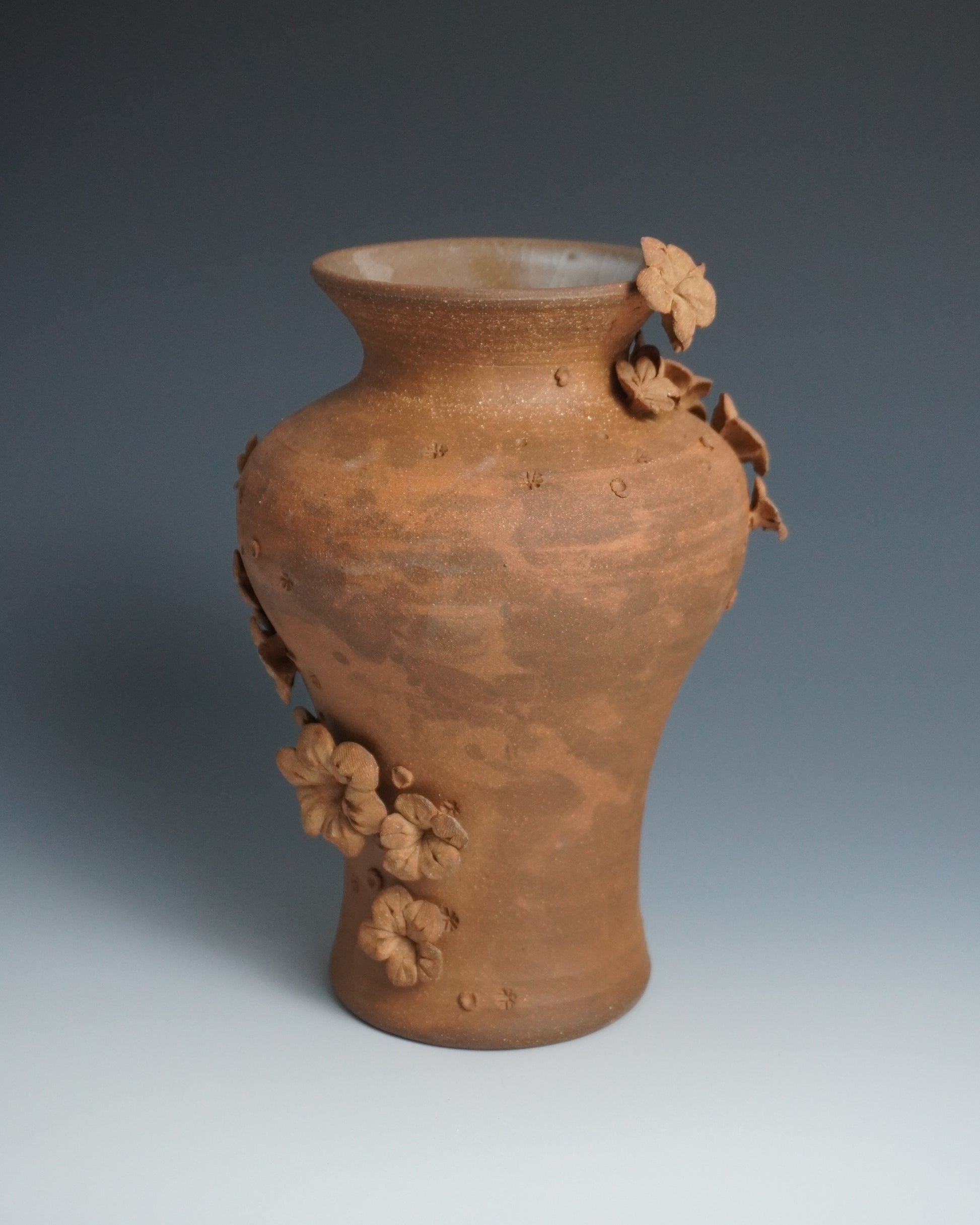 Terracotta vase with floral decorations on a gradient background