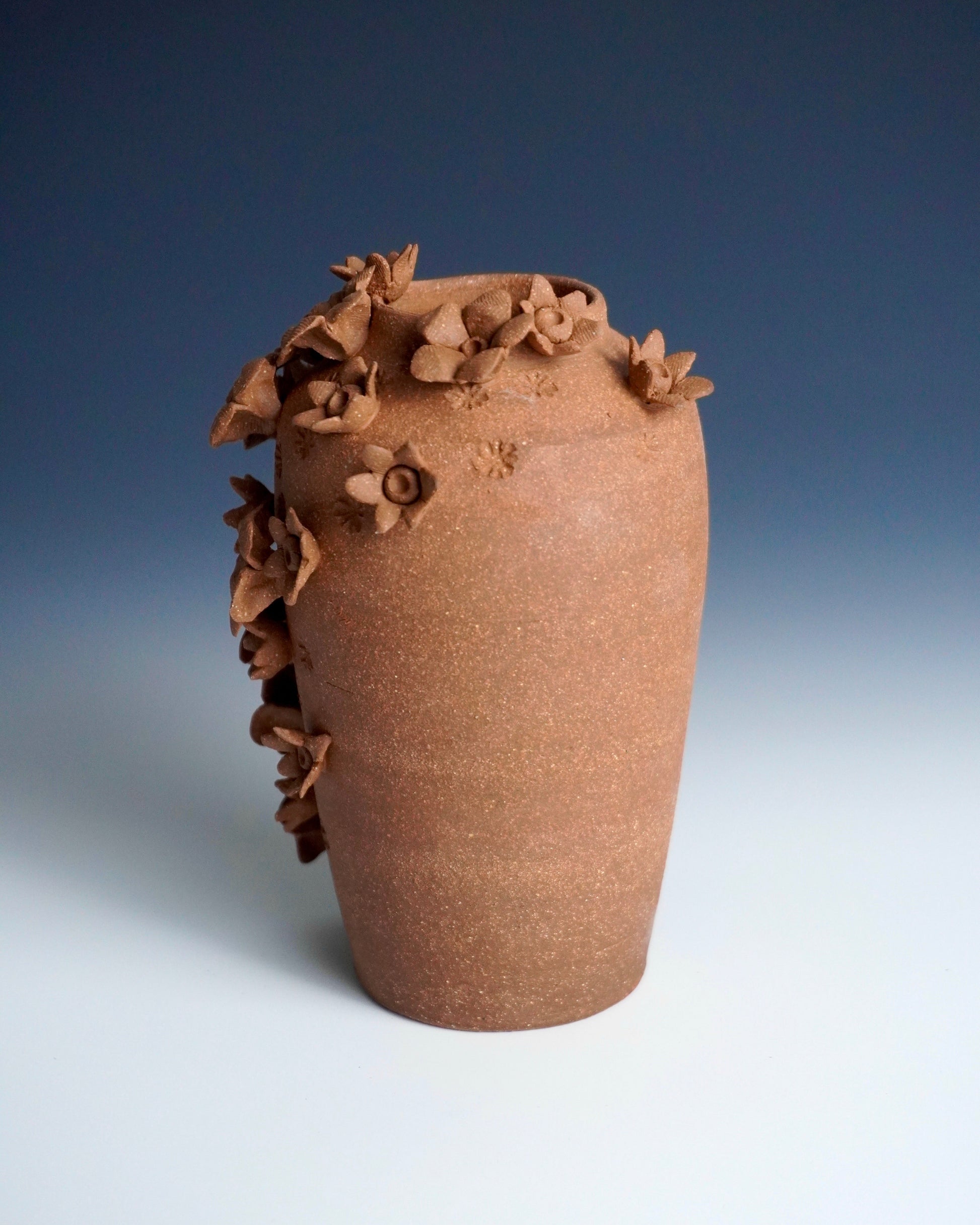 Brown ceramic vase with floral decorations on a gradient blue and white background